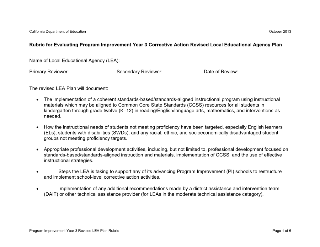 Rubric for Evaluating Revised PI Year 3 LEA Plans - Title I, Part A-Accountability (CA