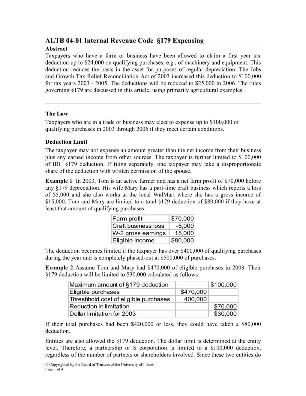 ALTB 04-01 Internal Revenue Code 179 Expensing