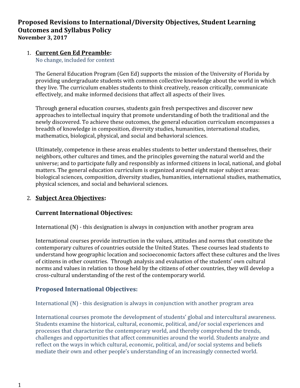 Proposed Revisions to International/Diversity Objectives, Student Learning Outcomes And