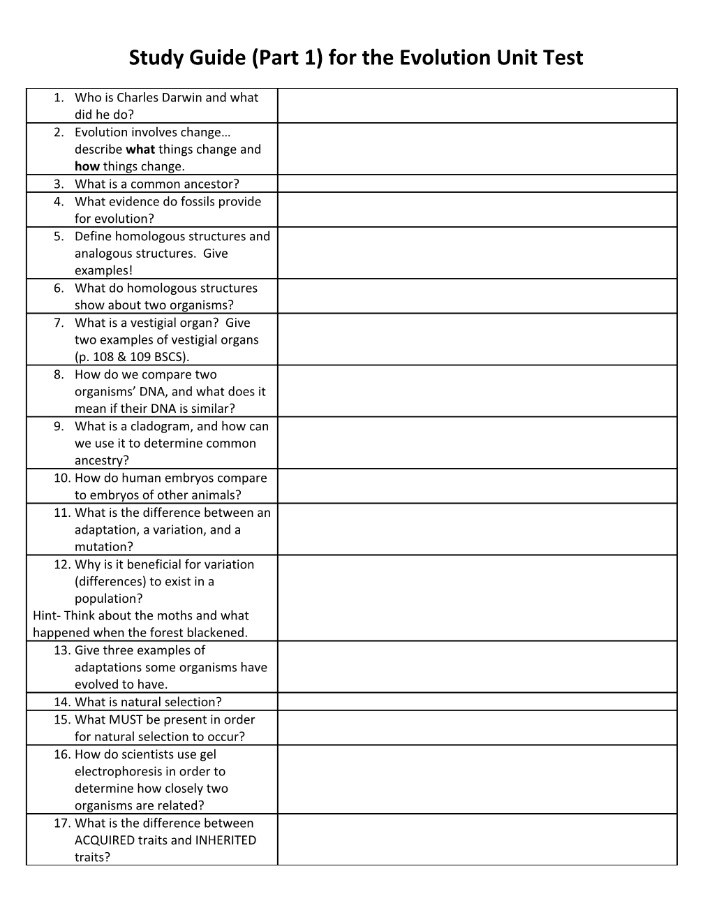 Study Guide for the Unit I Test- Evolution