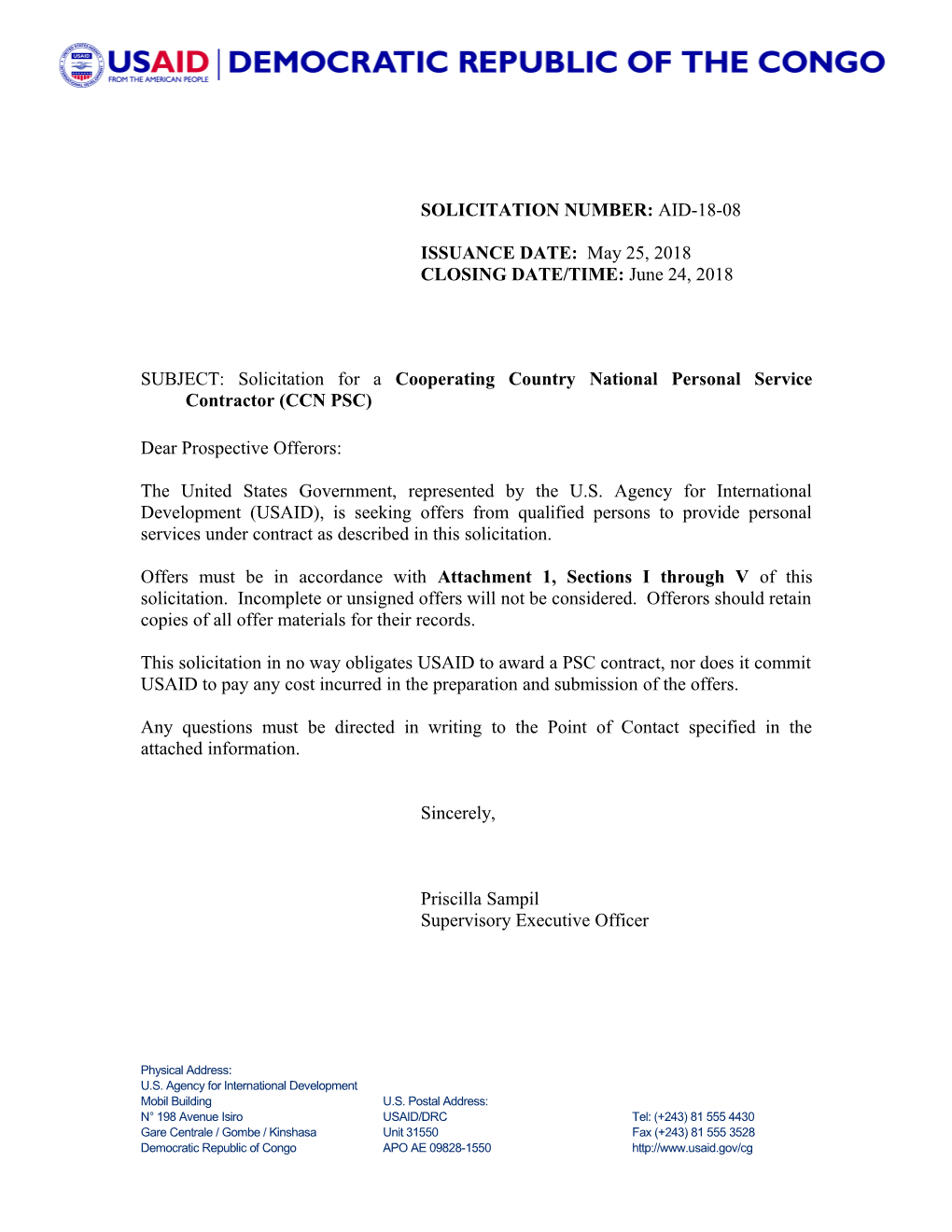 SUBJECT: Solicitation for a Cooperating Country National Personal Service Contractor (CCN PSC)