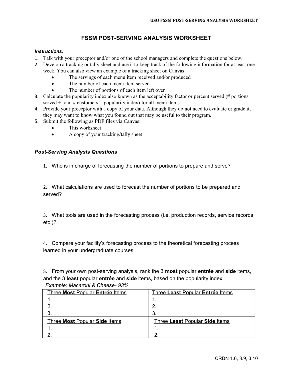 Fssm Post-Serving Analysis Worksheet