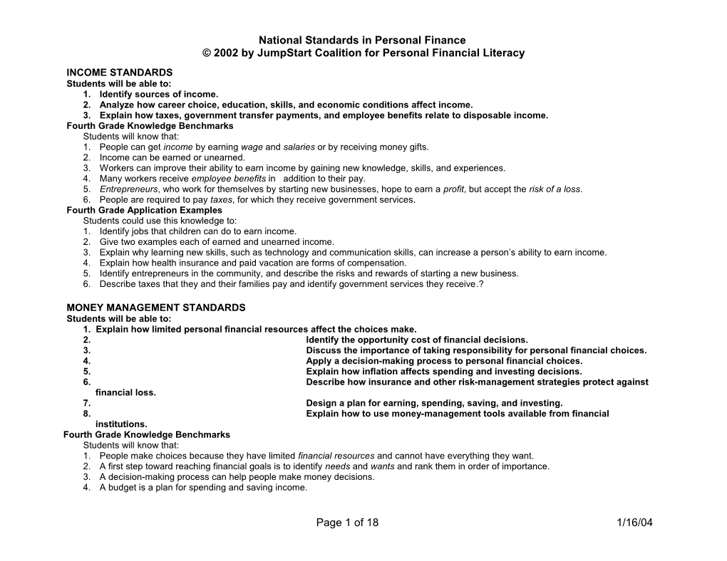 National Standards in Personal Finance