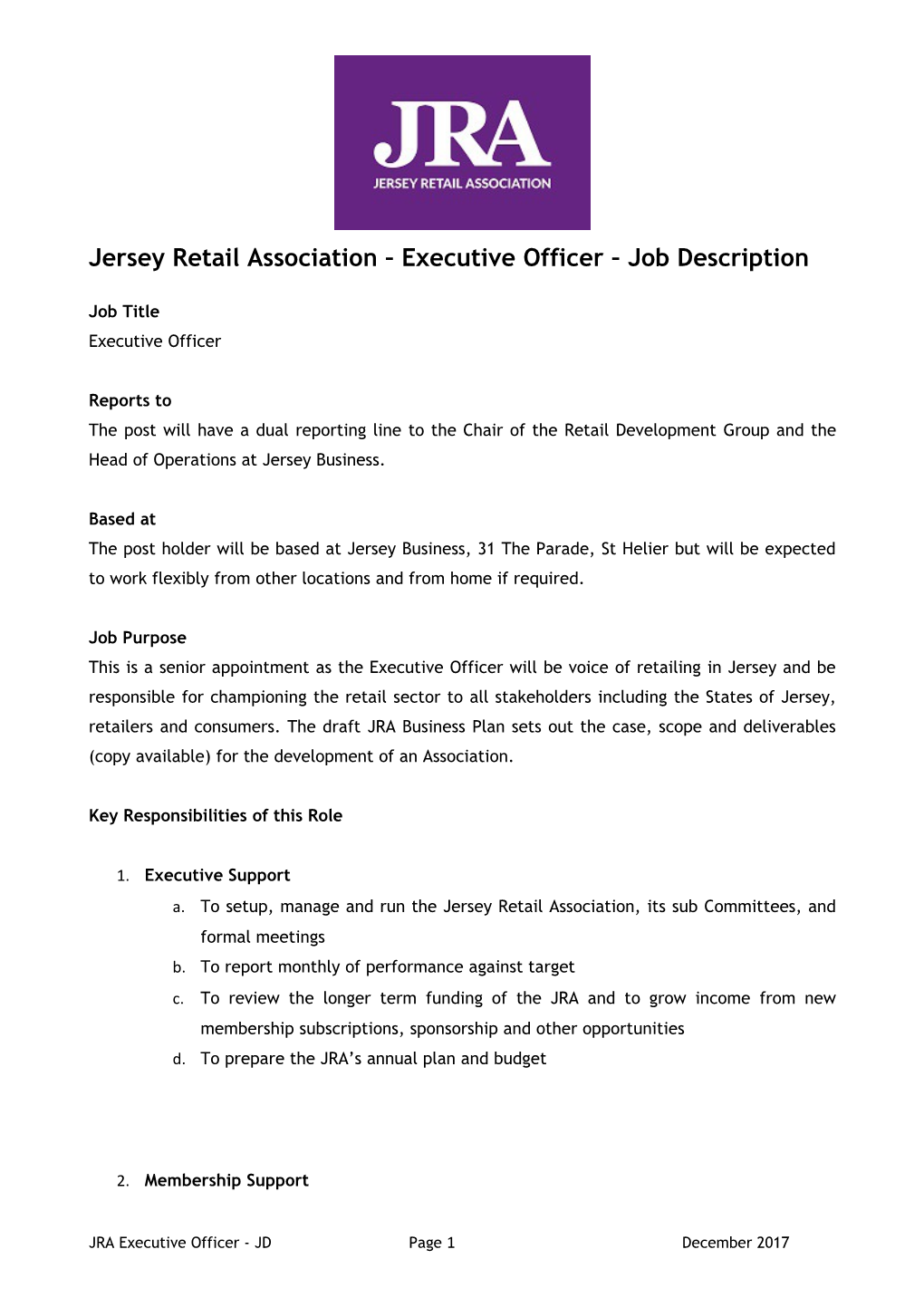 Jersey Retail Association Executive Officer Job Description