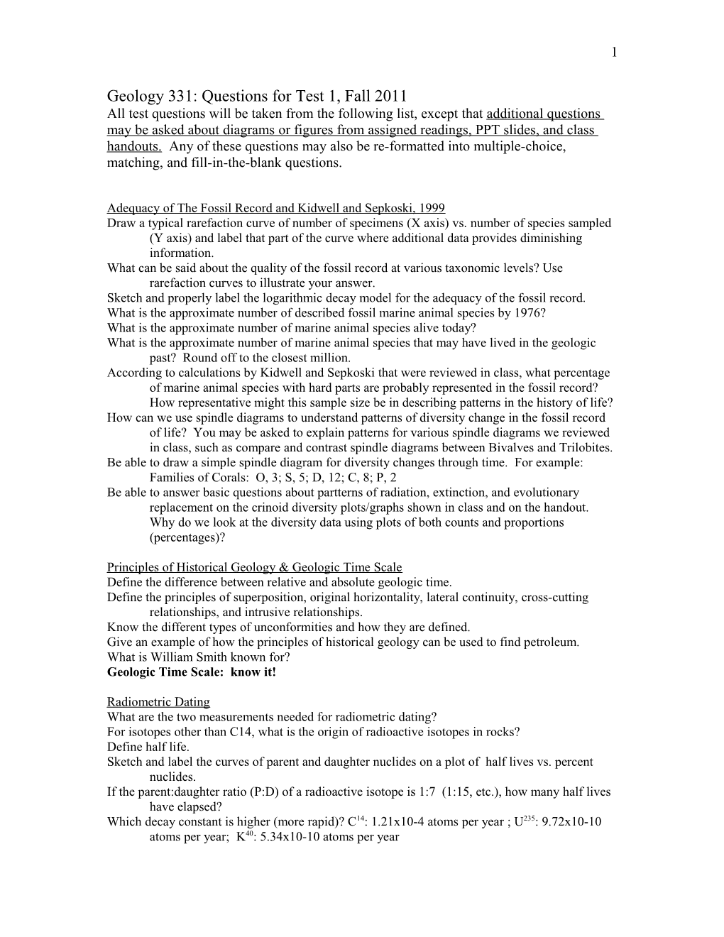 Questions for Test 1 (Practice and Actual Tests), Fall 2001