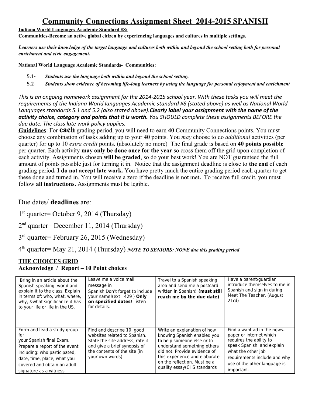 Community Connections Assignment Sheet 2014-2015 SPANISH