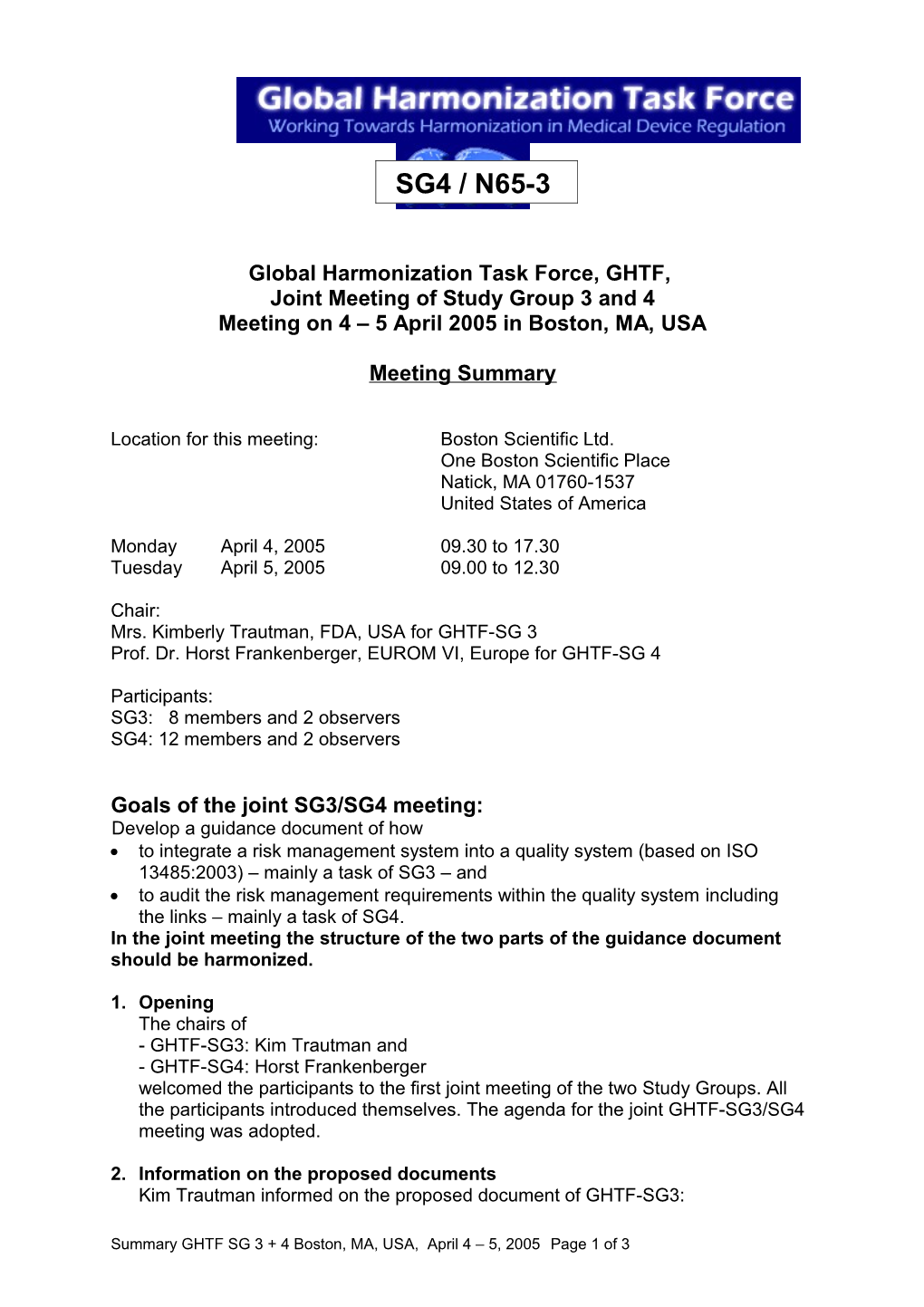 GHTF SG3 and SG4 Joint Meeting Minutes - April 2005