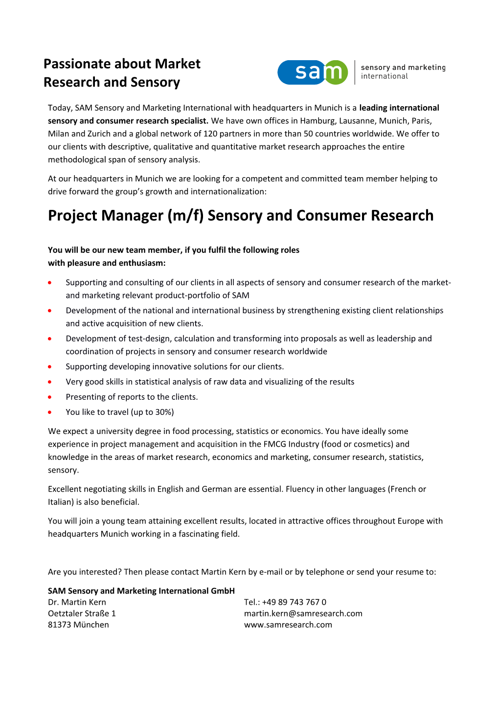 Project Manager (M/F) Sensory and Consumer Research