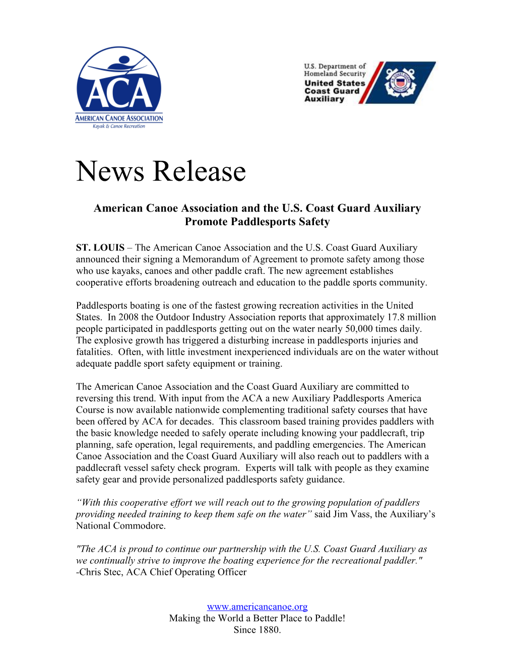 American Canoe Association and the U.S. Coast Guard Auxiliary Promote Paddlesports Safety