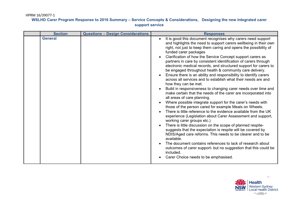 WSLHD Carer Program Response to 2016 Summary Service Concepts & Considerations, Designing