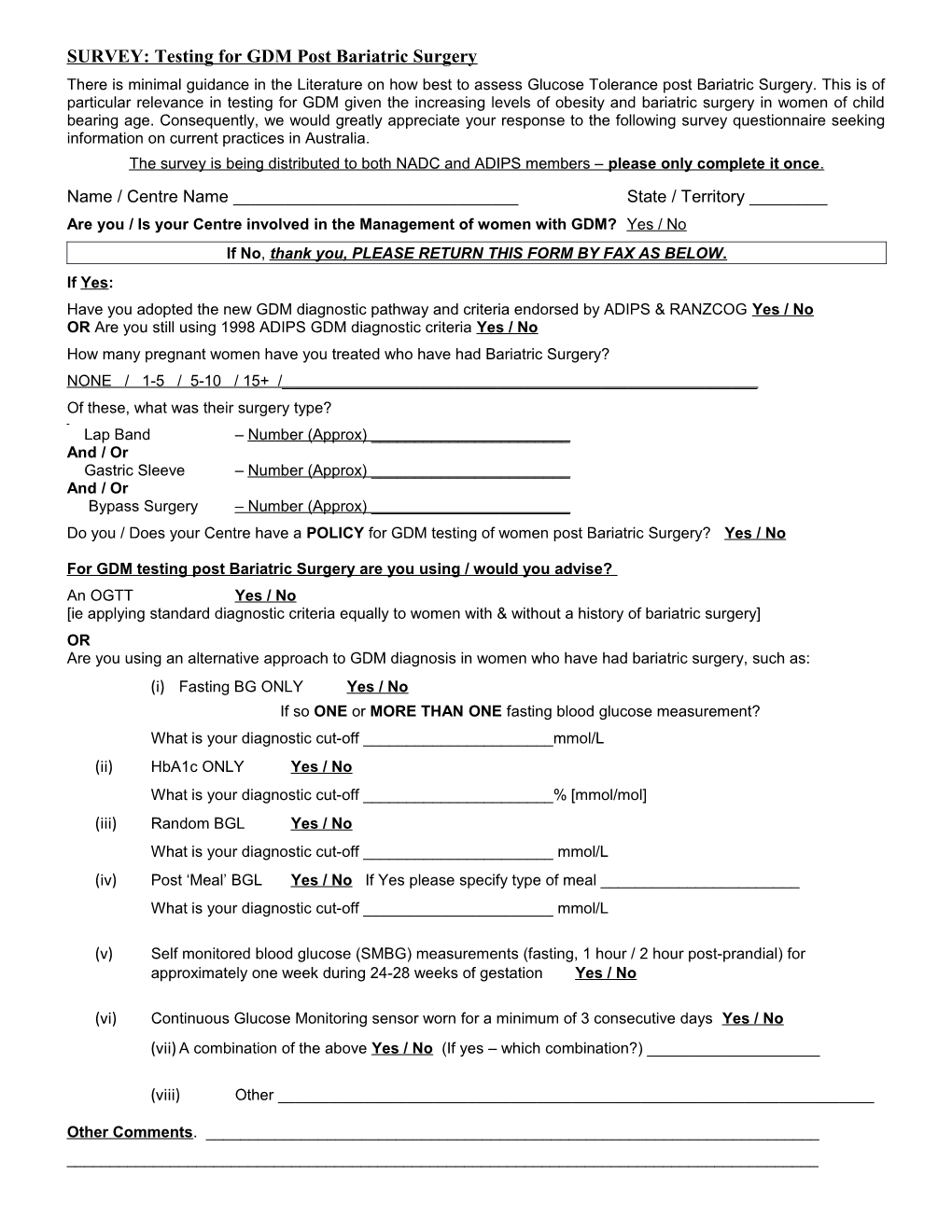 SURVEY: Testing for GDM Post Bariatric Surgery