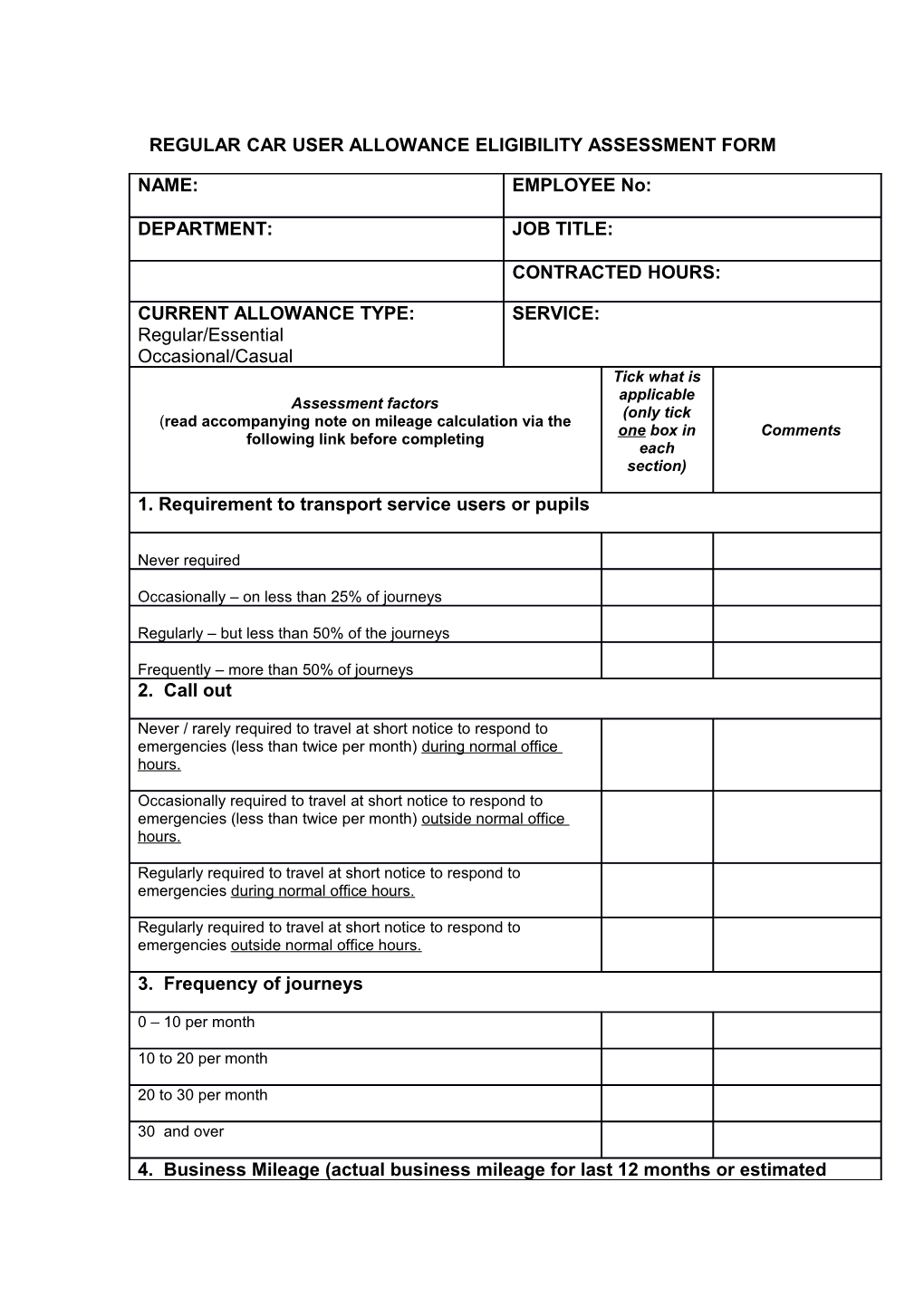 Regular Car User Allowance Eligibility Assessment Form