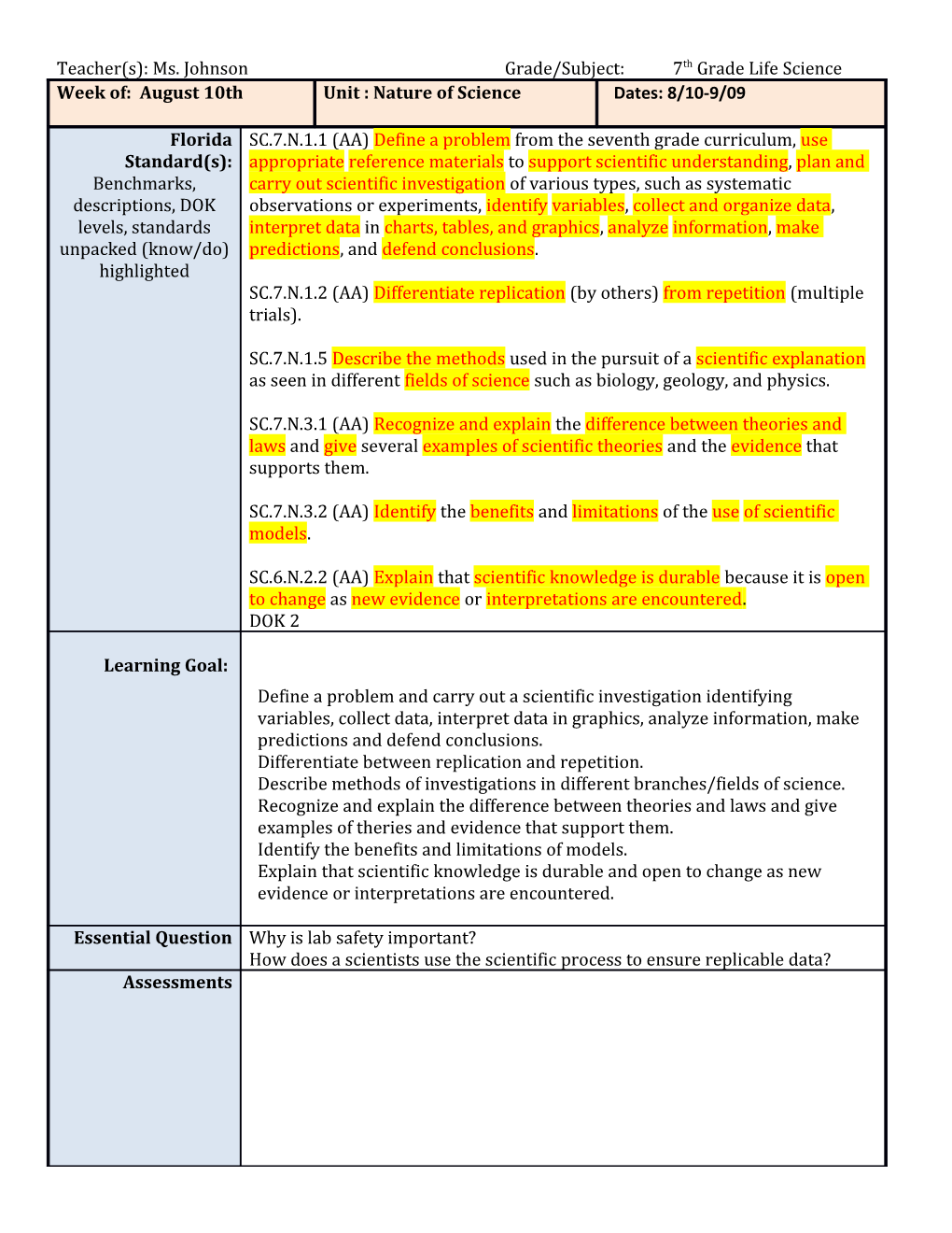 Teacher(S):Ms. Johnsongrade/Subject:7Th Grade Life Science