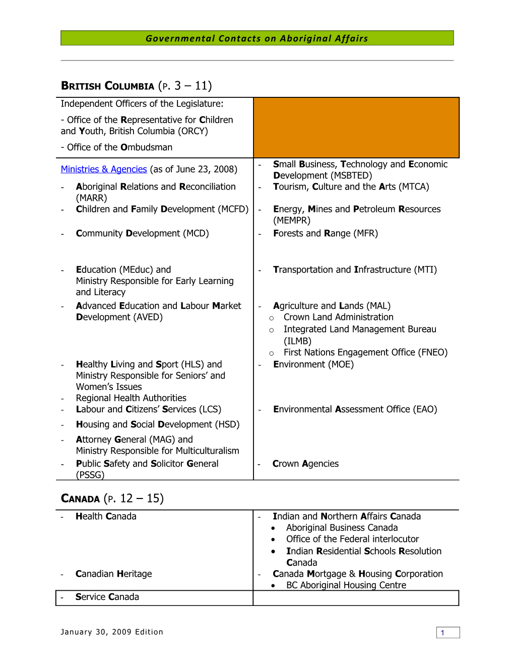 Governmental Contacts on Aboriginal Affairs