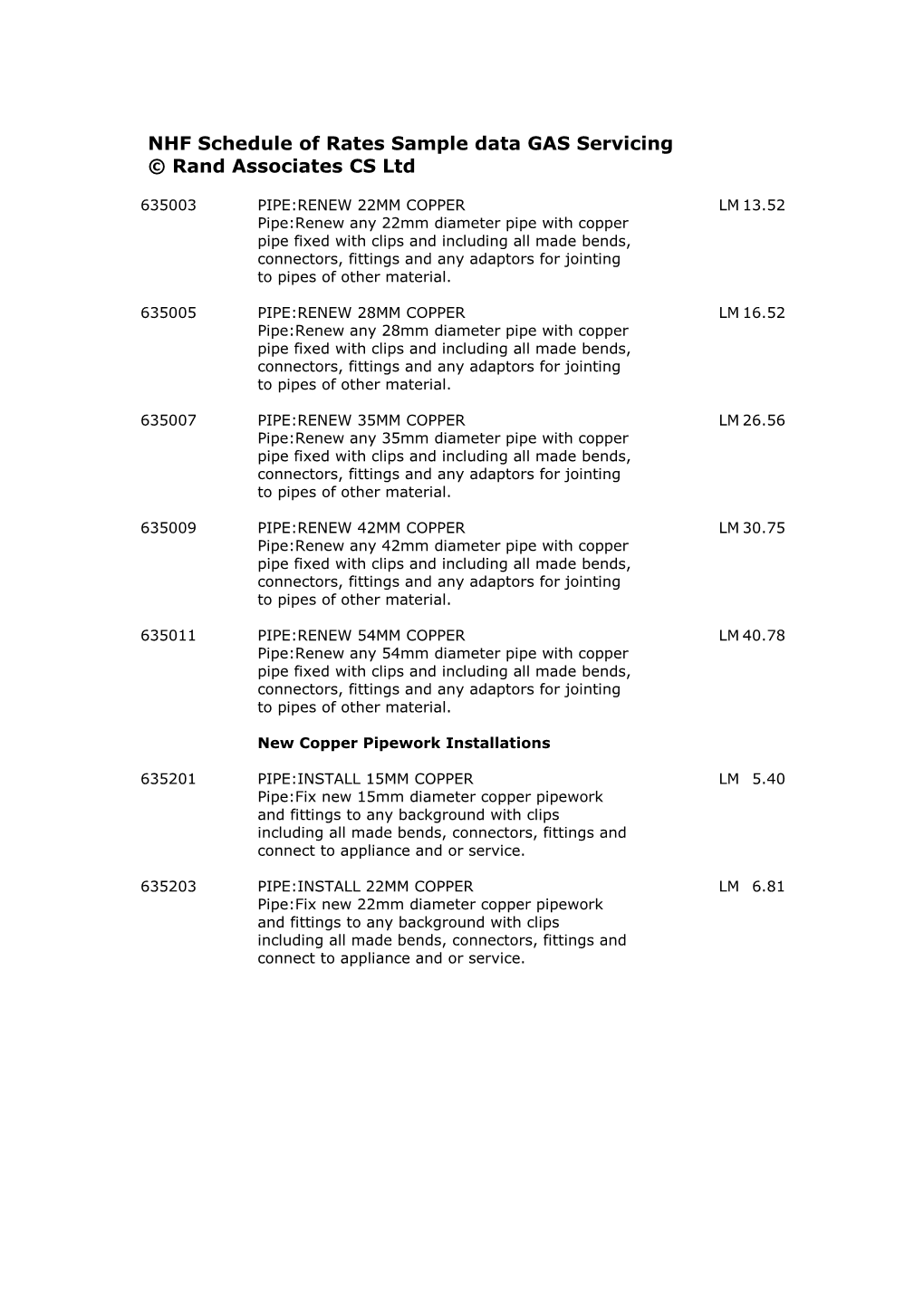 NHF Schedule of Rates Sample Data GAS Servicing