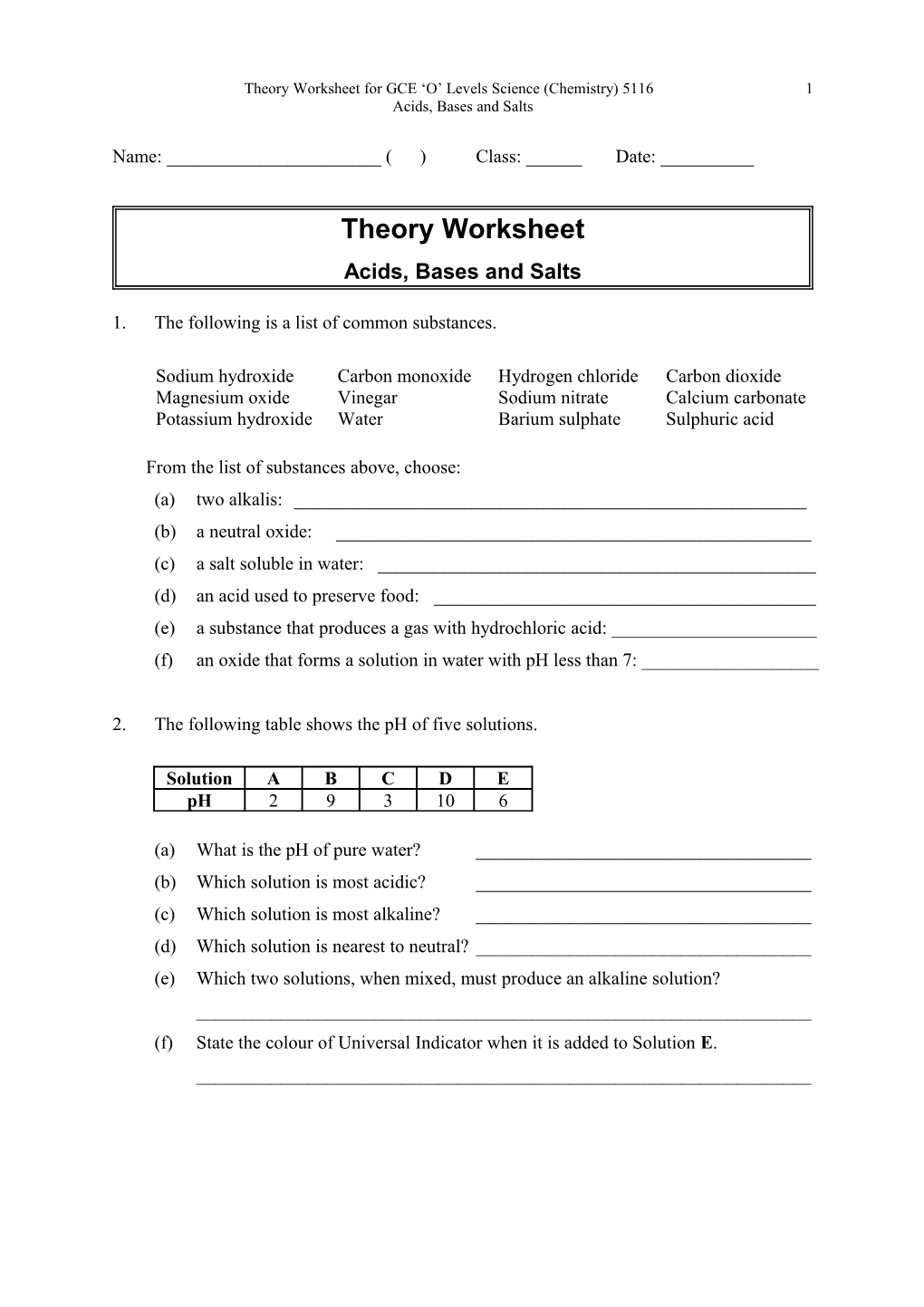 Theory Worksheet for GCE O Levels Science (Chemistry) 5116