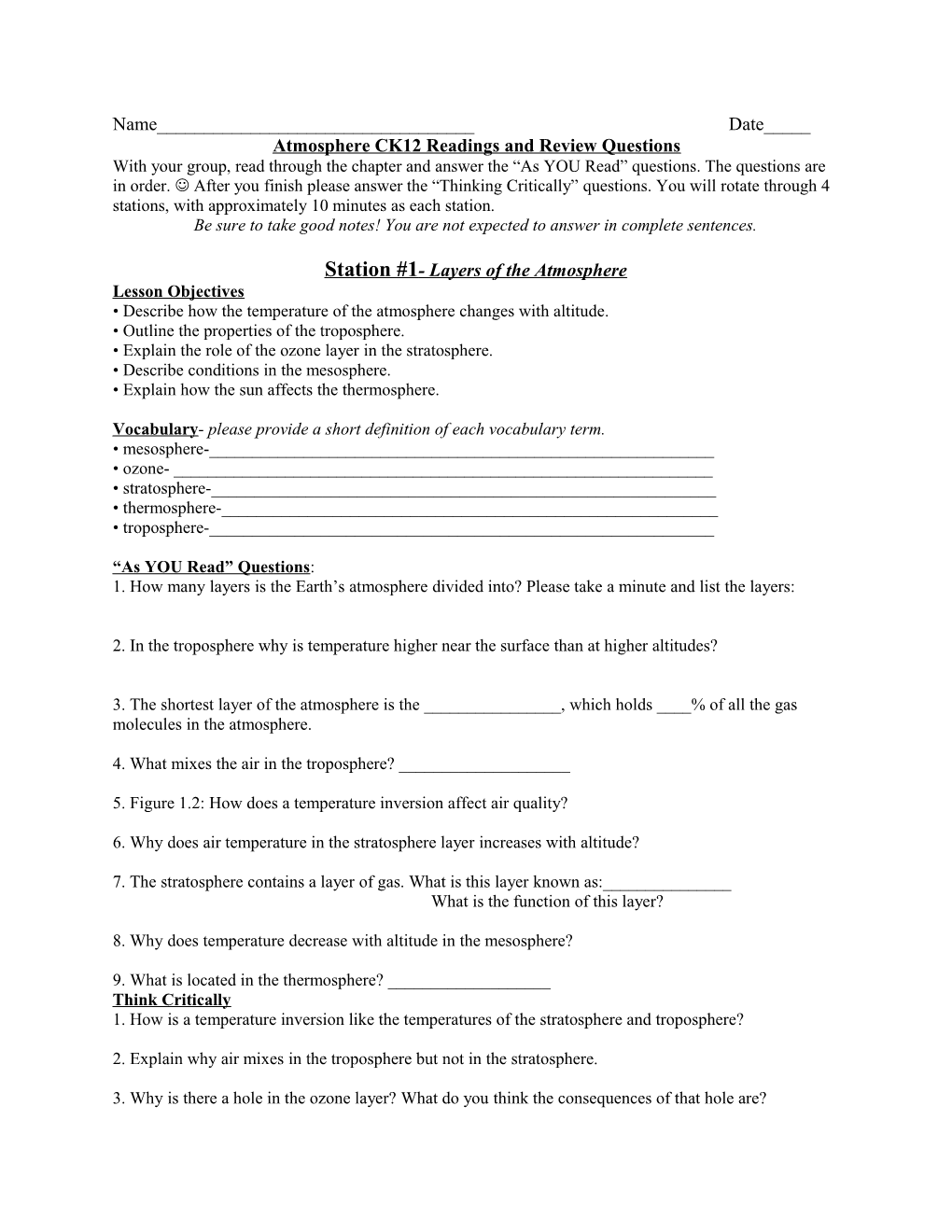 Atmosphere CK12 Readings and Review Questions