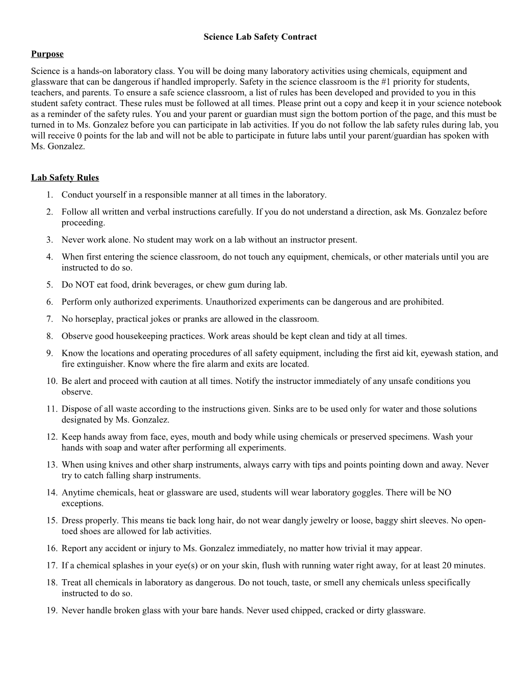 Science Lab Safety Contract