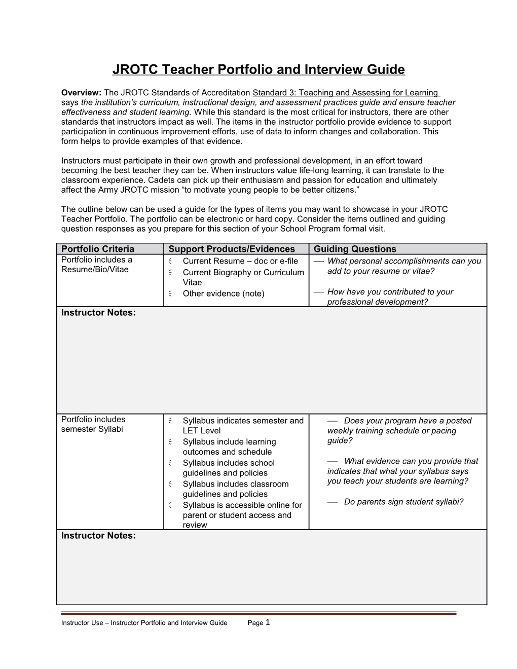 JROTC Teacher Portfolio and Interview Guid E