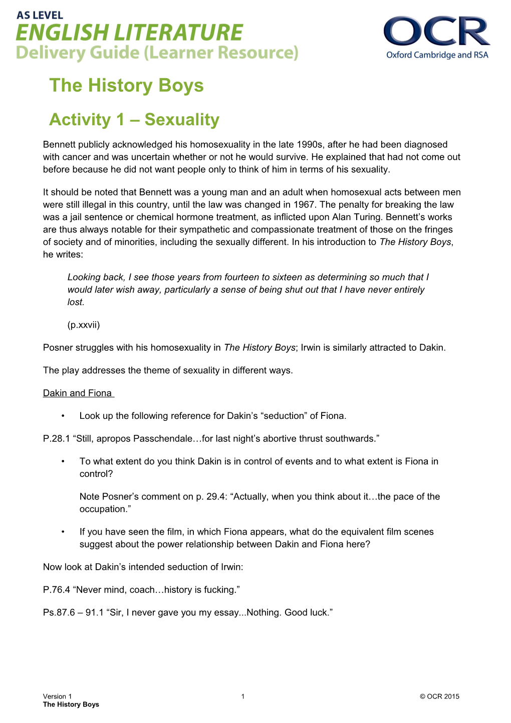 OCR AS Level English Literature - the History Boys - Activity 1