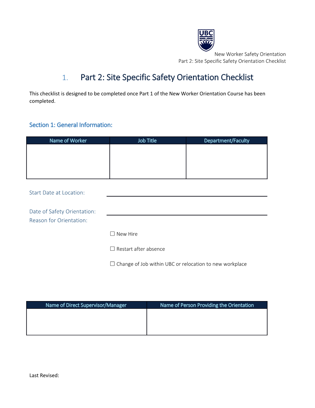 Part 2: Site Specific Safety Orientation Checklist