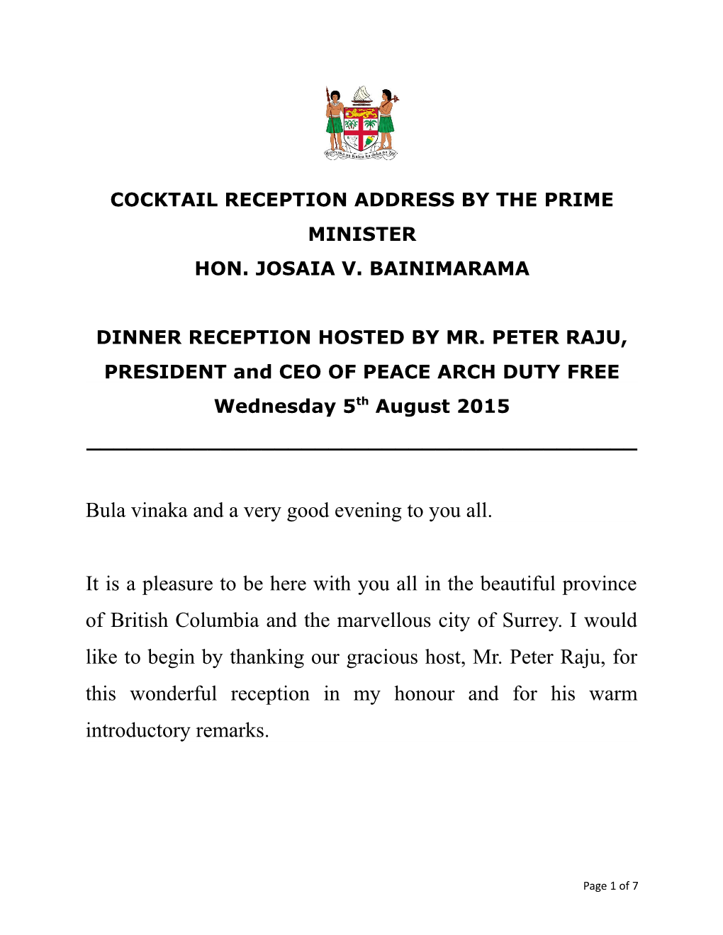 Cocktail Reception Address by the Prime Minister