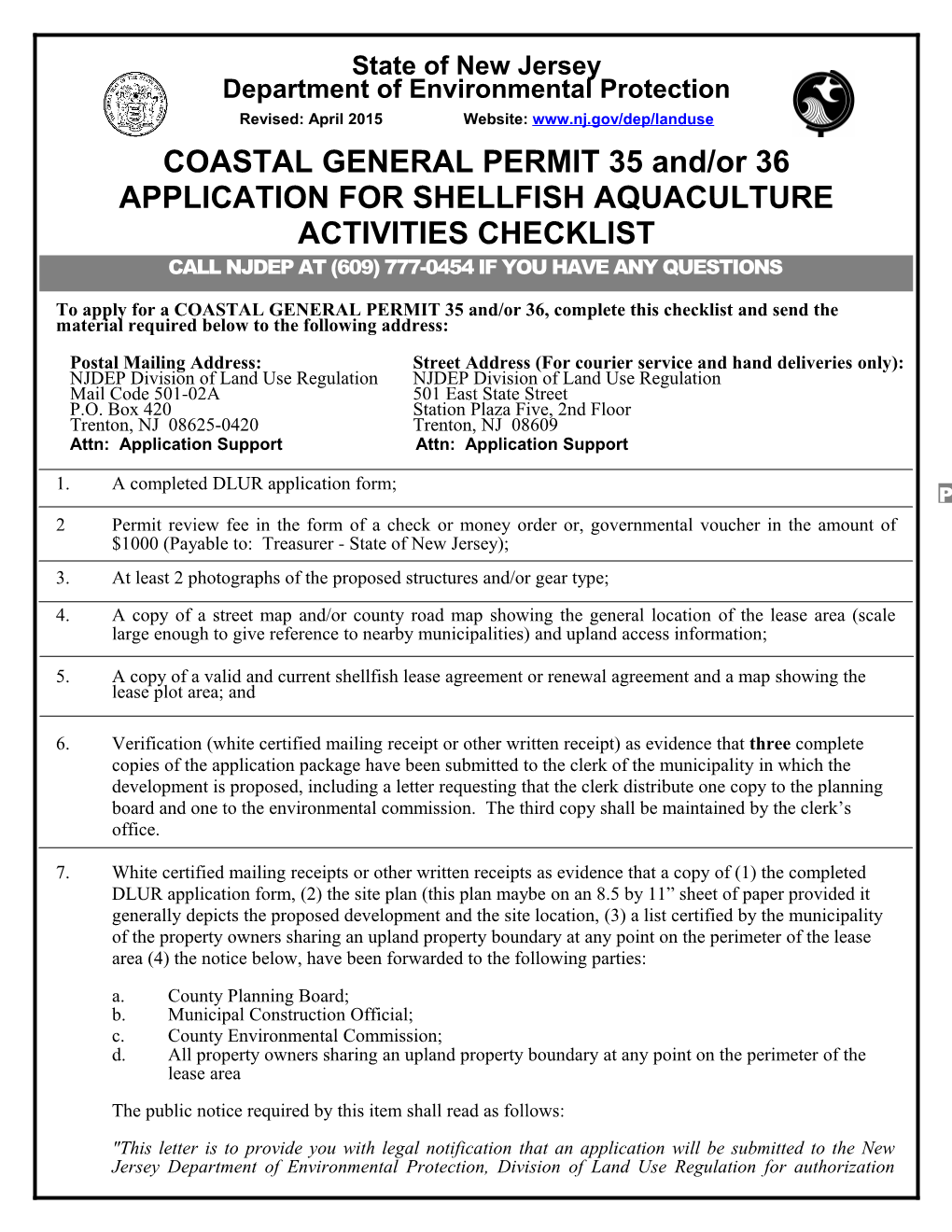 COASTAL GENERAL PERMIT 35 And/Or 36 APPLICATION for SHELLFISH AQUACULTURE ACTIVITIES CHECKLIST