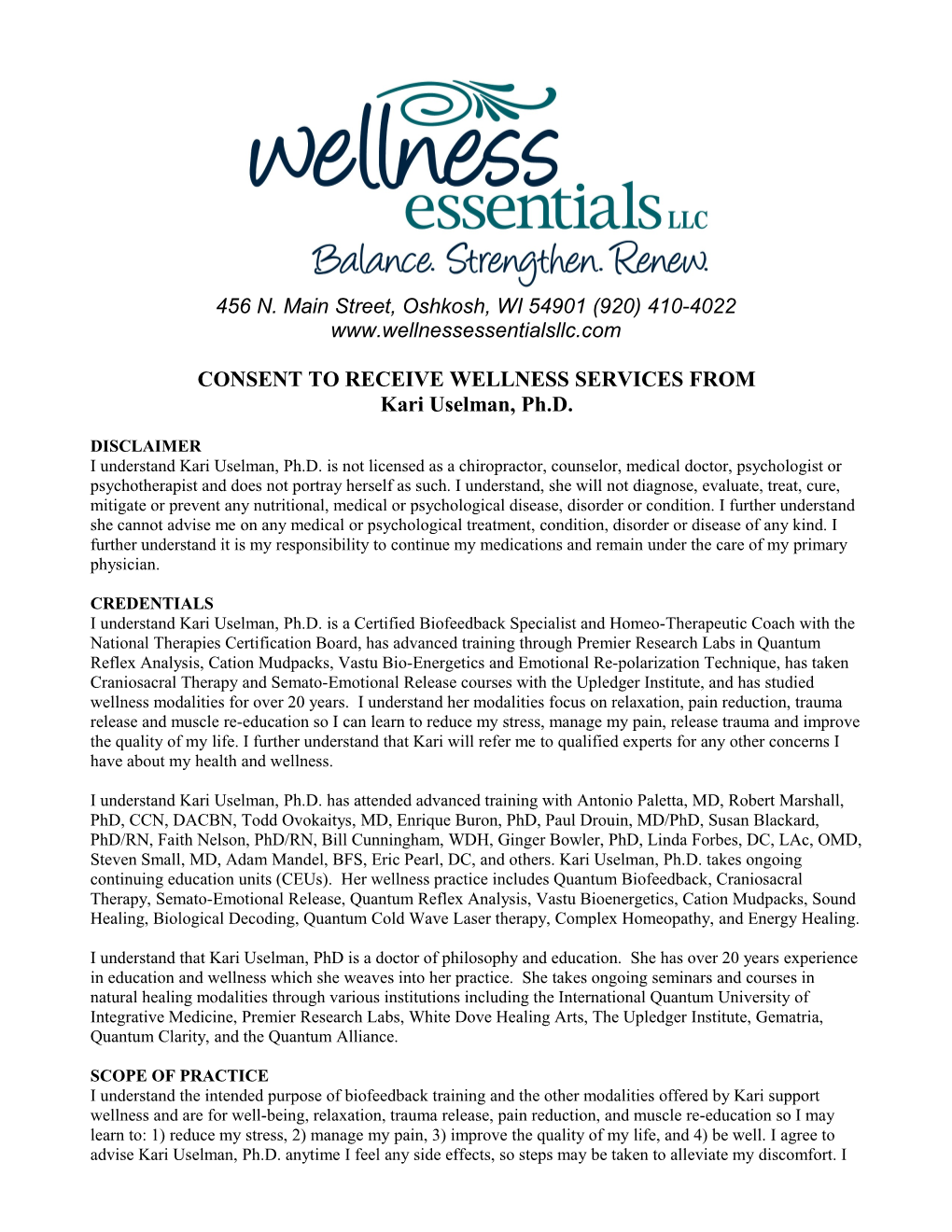 Consent to Receive Wellness Services From