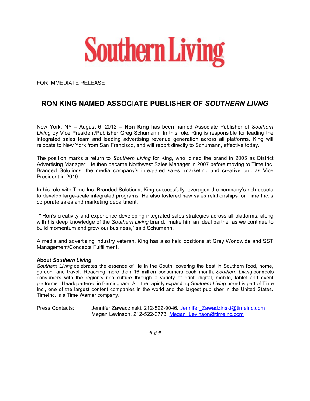 Ron King Named Associate Publisher of Southern Livng