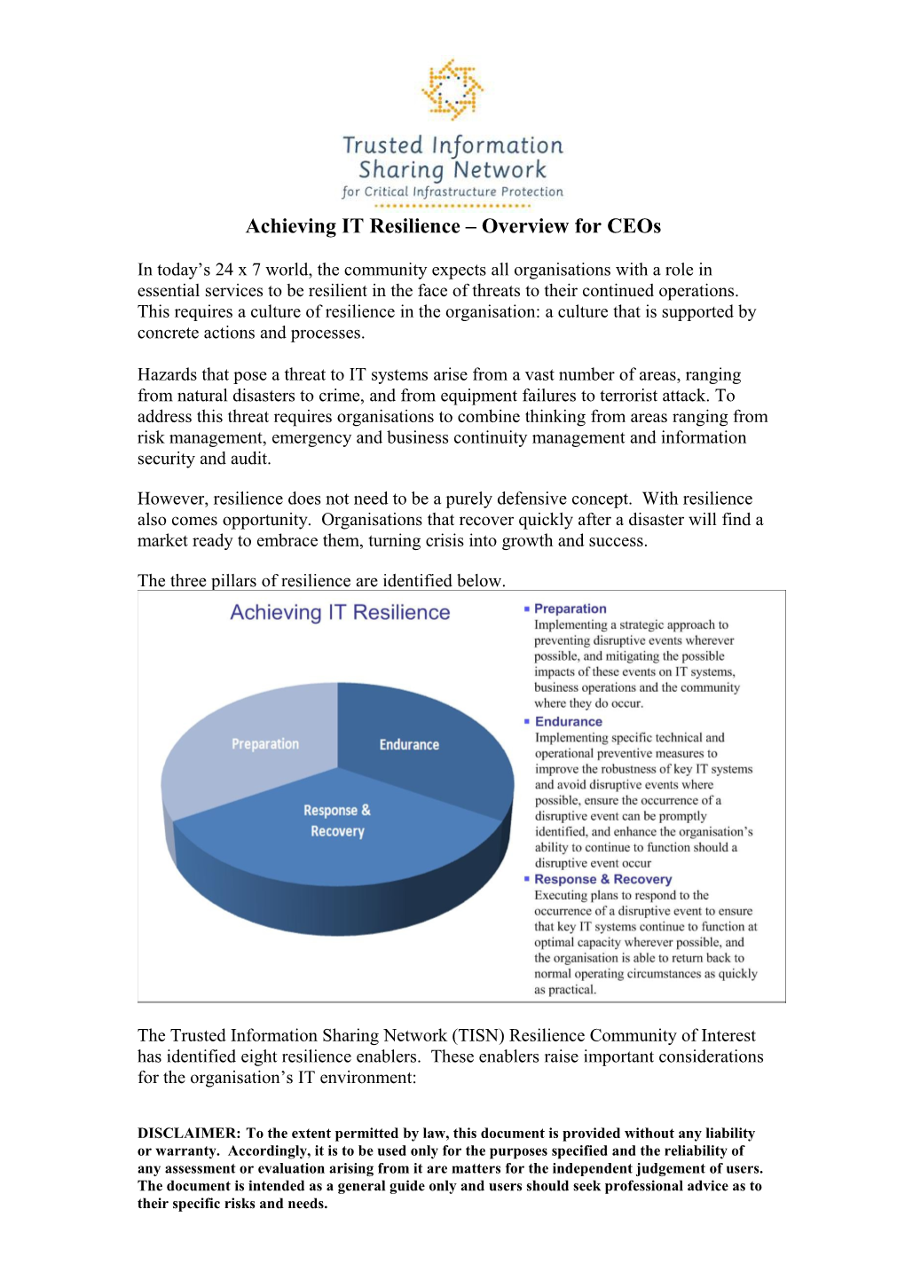 ITSEAG Resilience Paper CEO Report - Acheiving IT Resilience - Overview for Ceos DOC 554KB