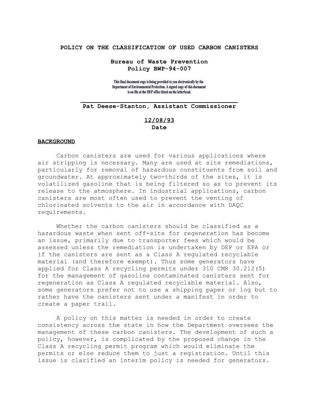 Policy on the Classification of Used Carbon Canisters