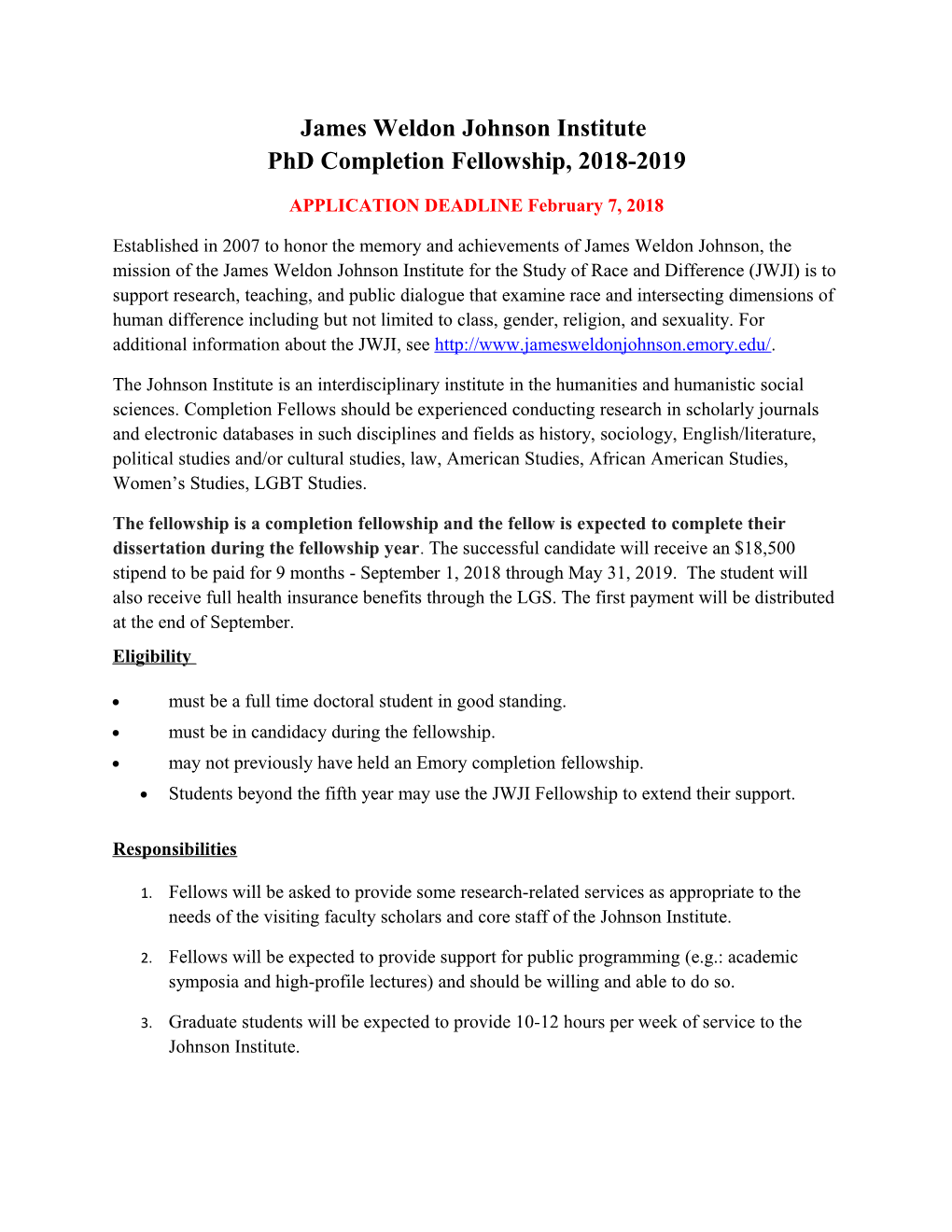 James Weldon Johnson Institute Phd Completion Fellowship, 2018-2019