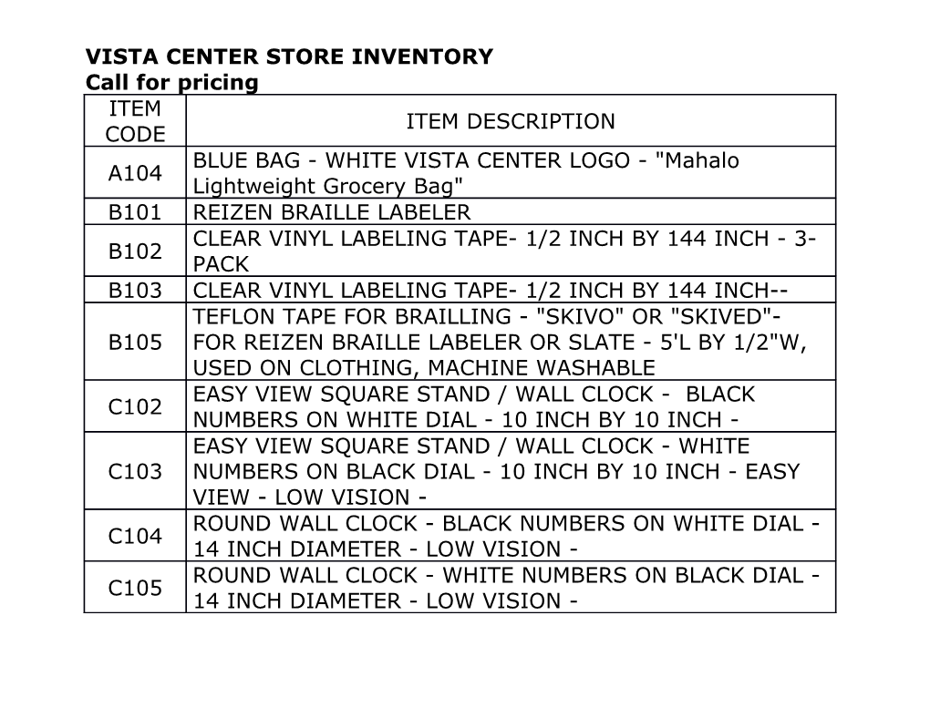 Vista Center Store Inventory