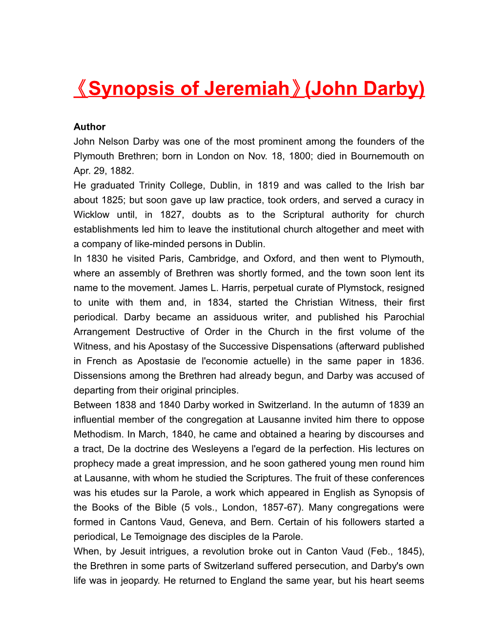 Synopsis of Jeremiah (John Darby)