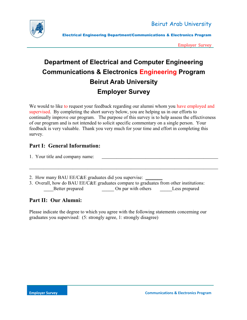 Department of Electrical and Computer Engineering Employer and Alumni Surveys