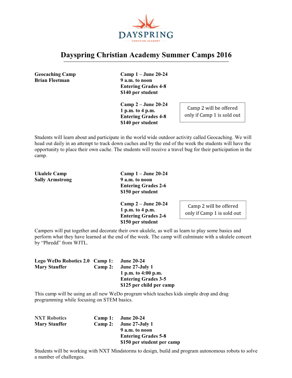 Dayspring Christian Academy Summer Camps 2016