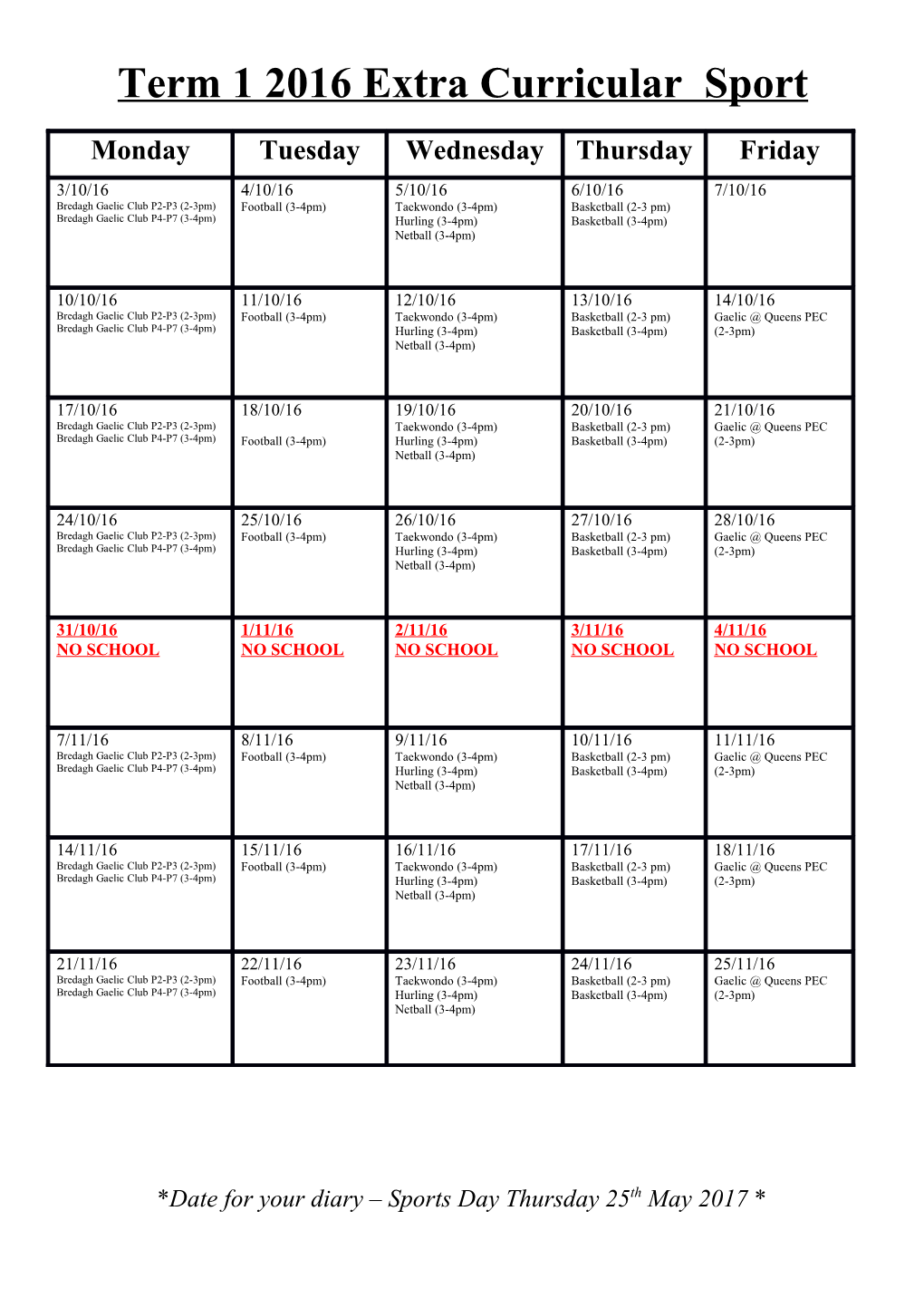 Term 1 2016Extra Curricular Sport