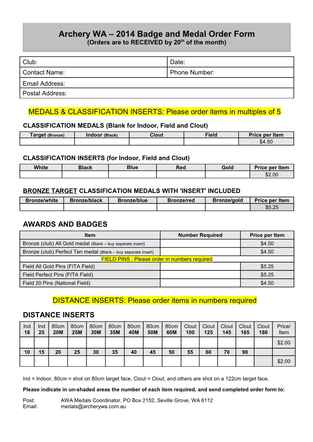 Archery Australia Badge and Medal Order Form