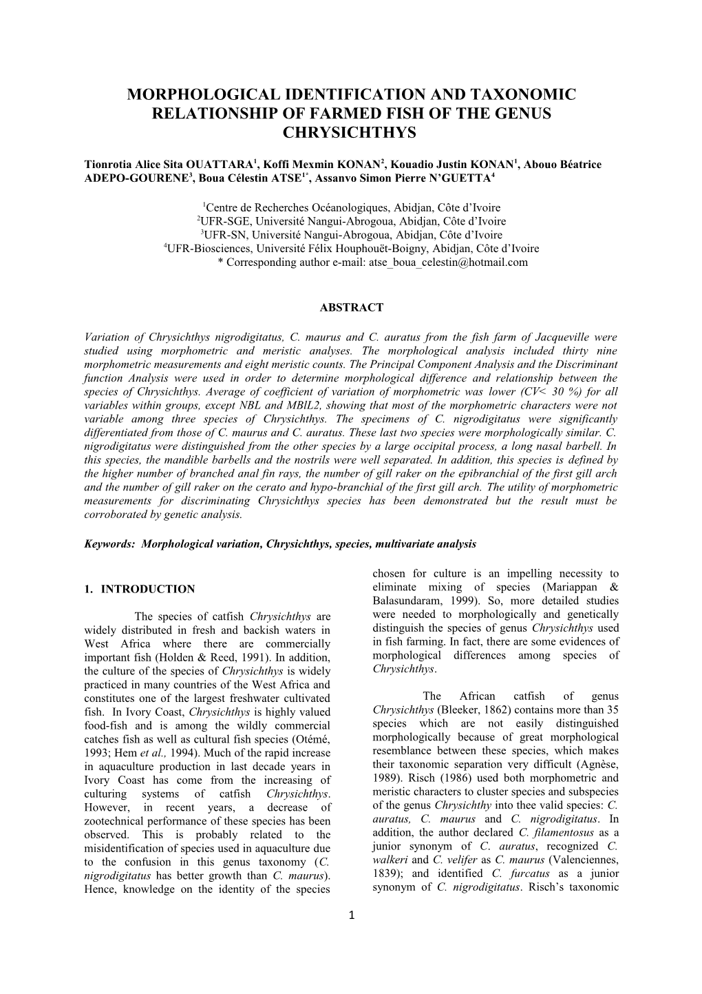 Morphological Identification and Taxonomic Relationship of Farmed Fish of the Genus