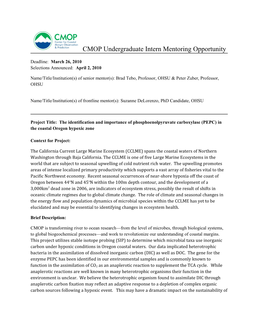 CMOP Undergraduate Intern Mentoring Opportunity s1