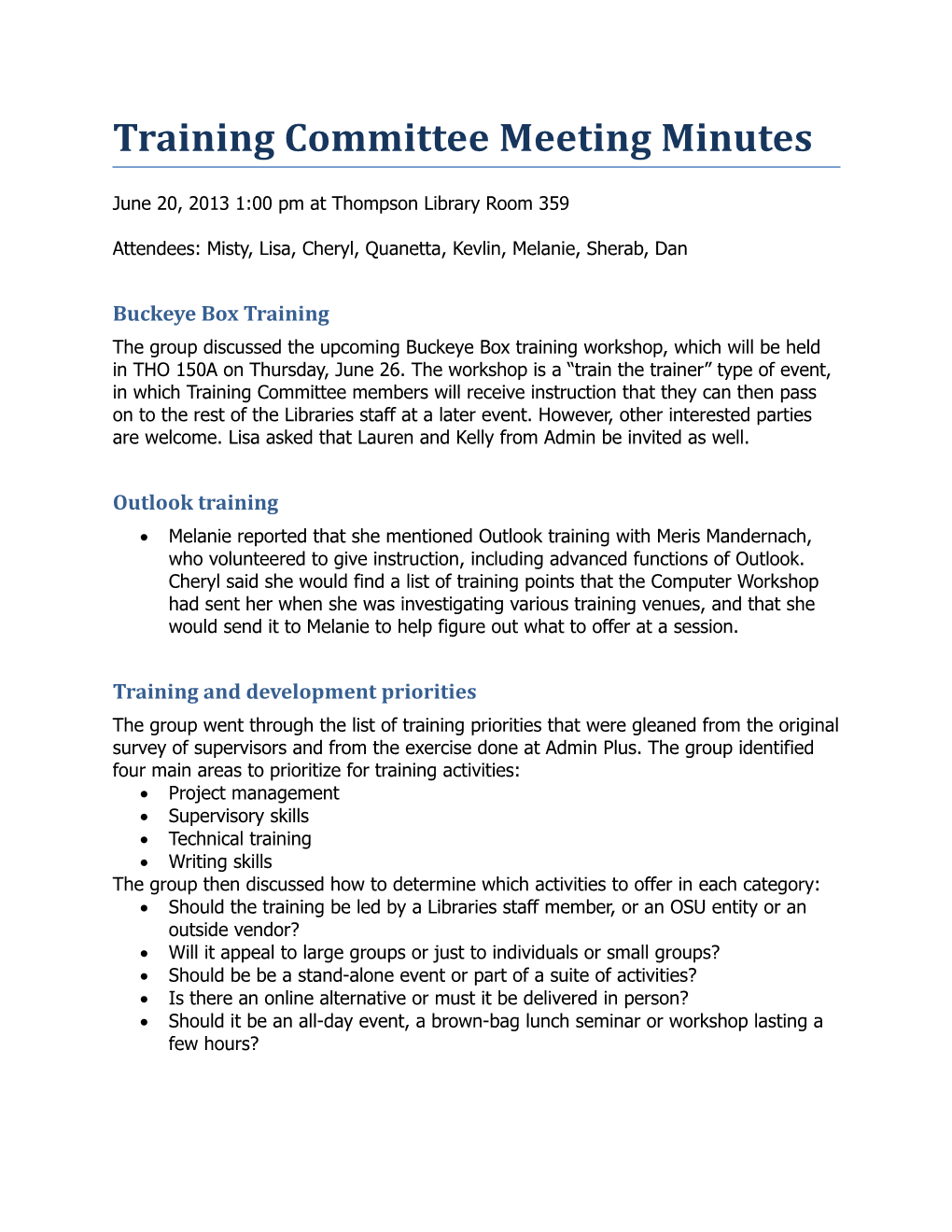 Training Committee Meeting Minutes