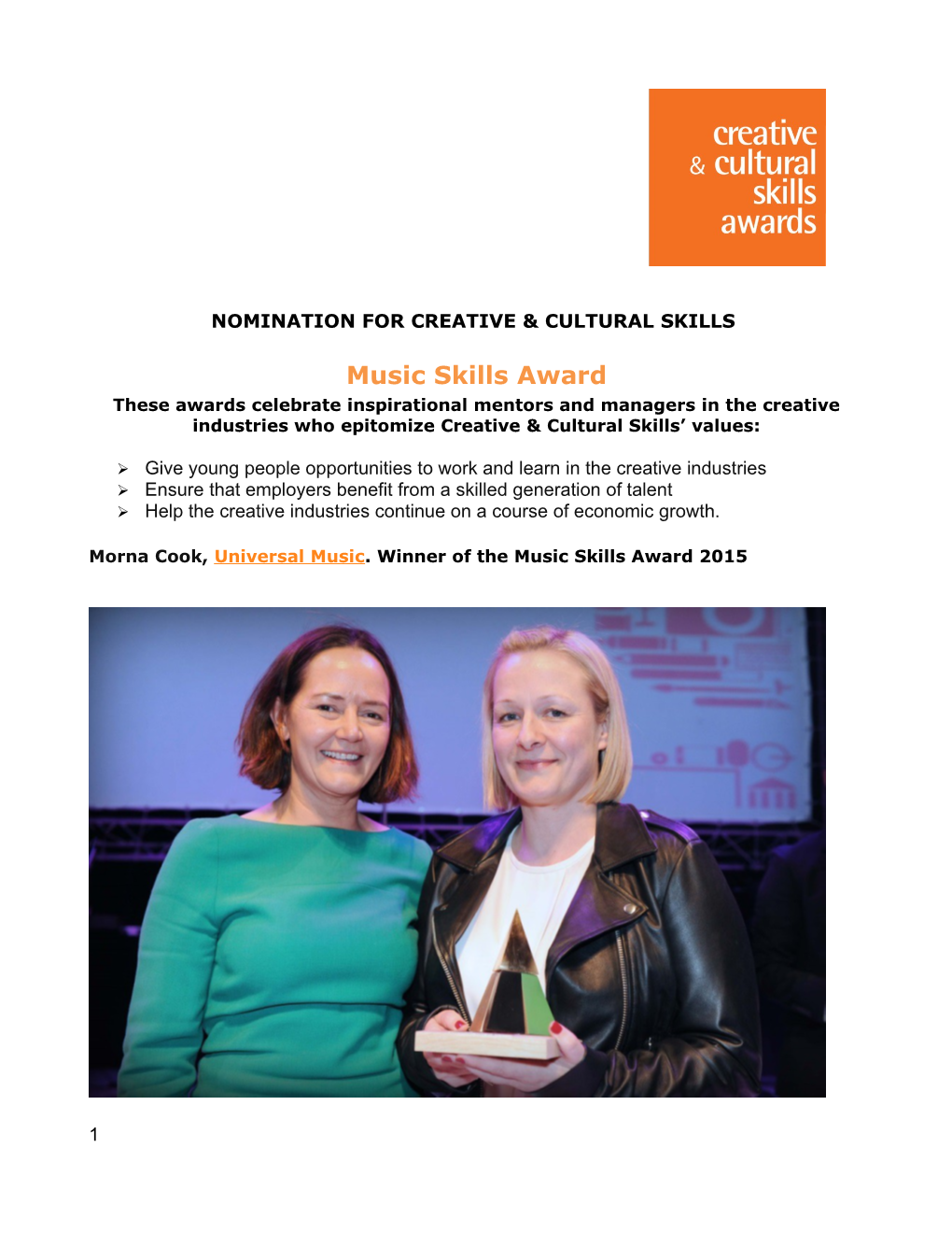 Nomination for Creative & Cultural Skills