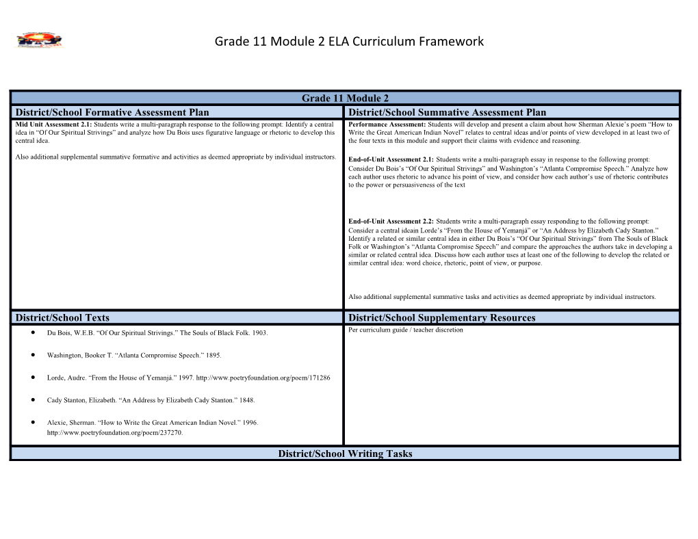 Grade 11 Module 2 ELA Curriculum Framework