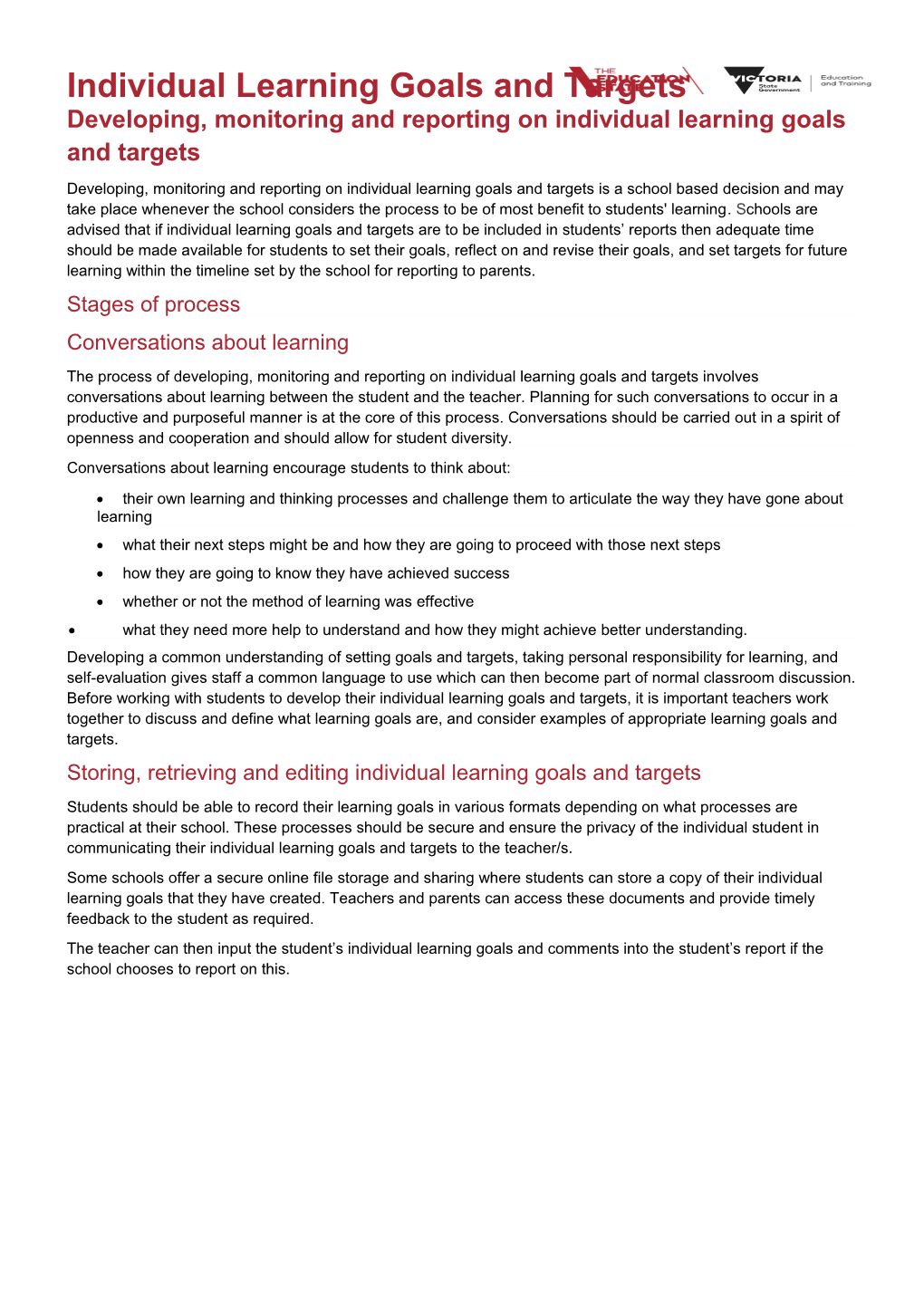 Individual Learning Goals and Targets