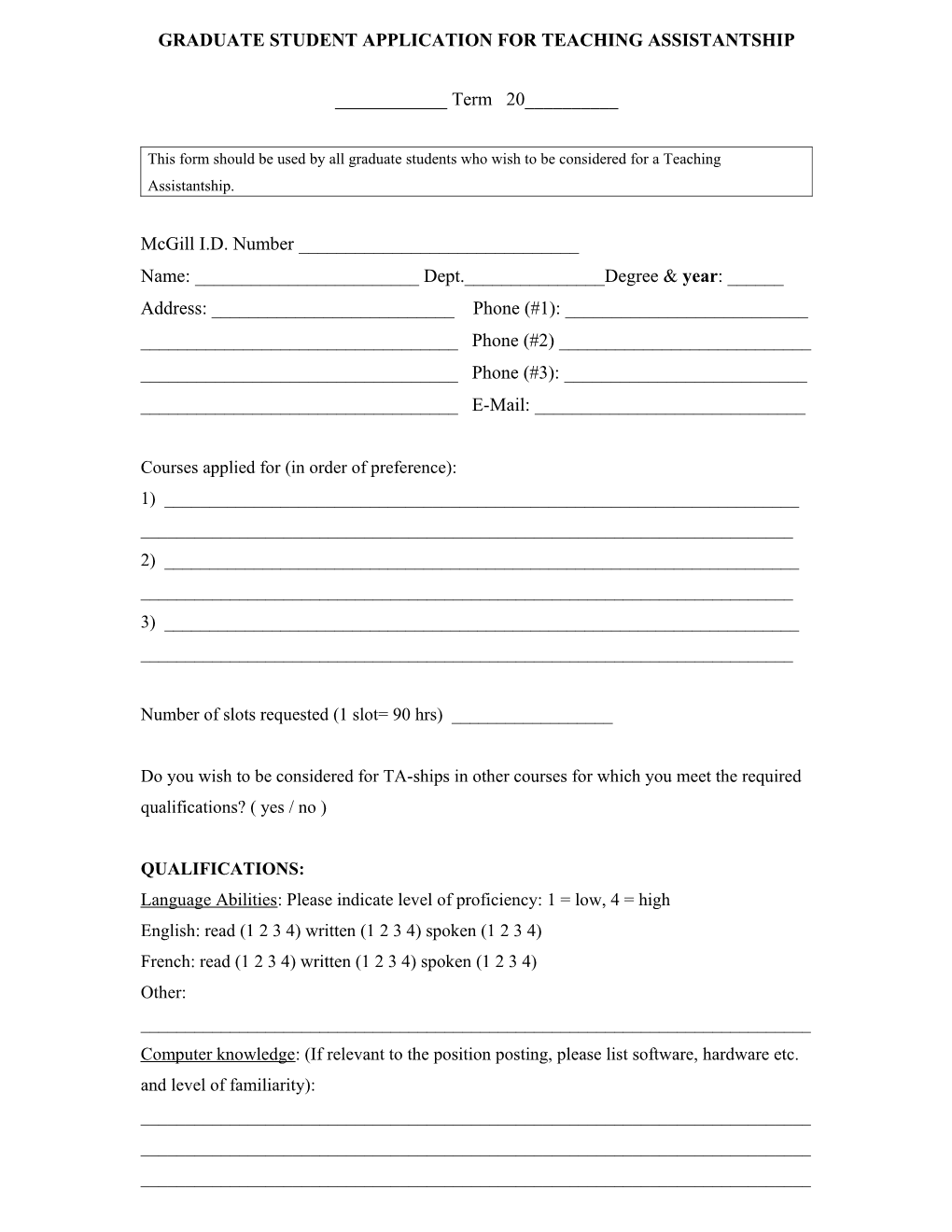 Graduate Student Application for Teaching Assistantship