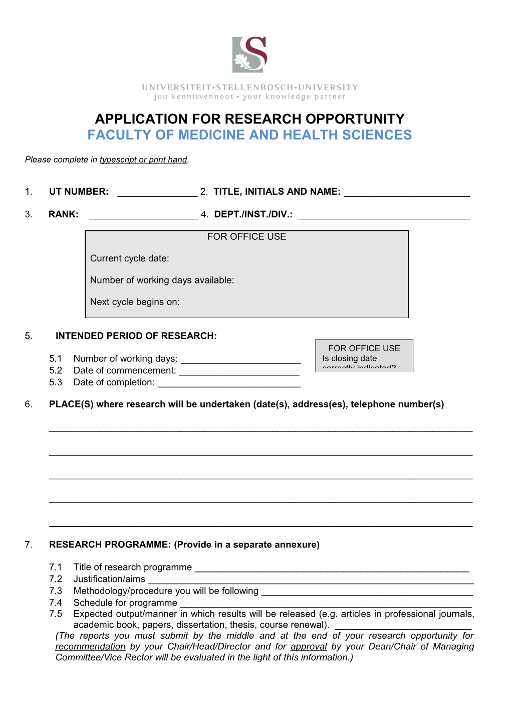 Application for Research Opportunity