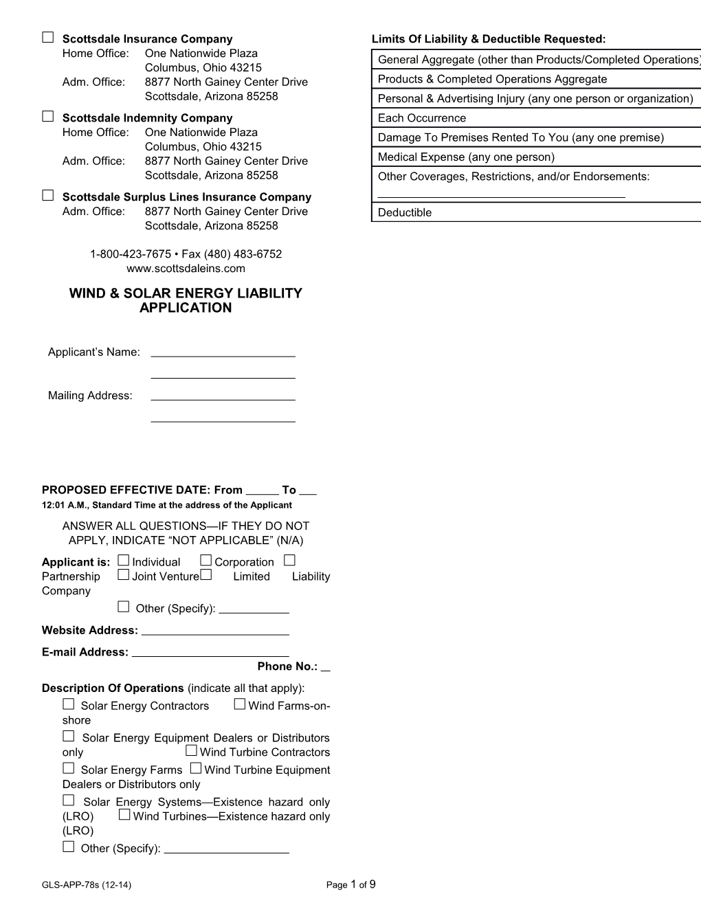 Wind & Solar Energy Liability Application