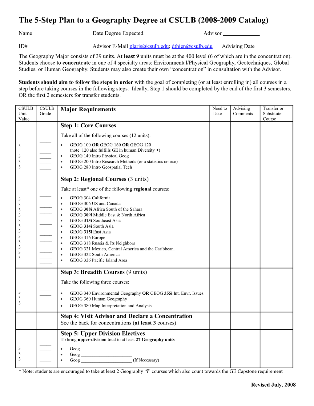 Program Planner, Bachelor of Arts Degree in Geography (2-8515) for 2004-05