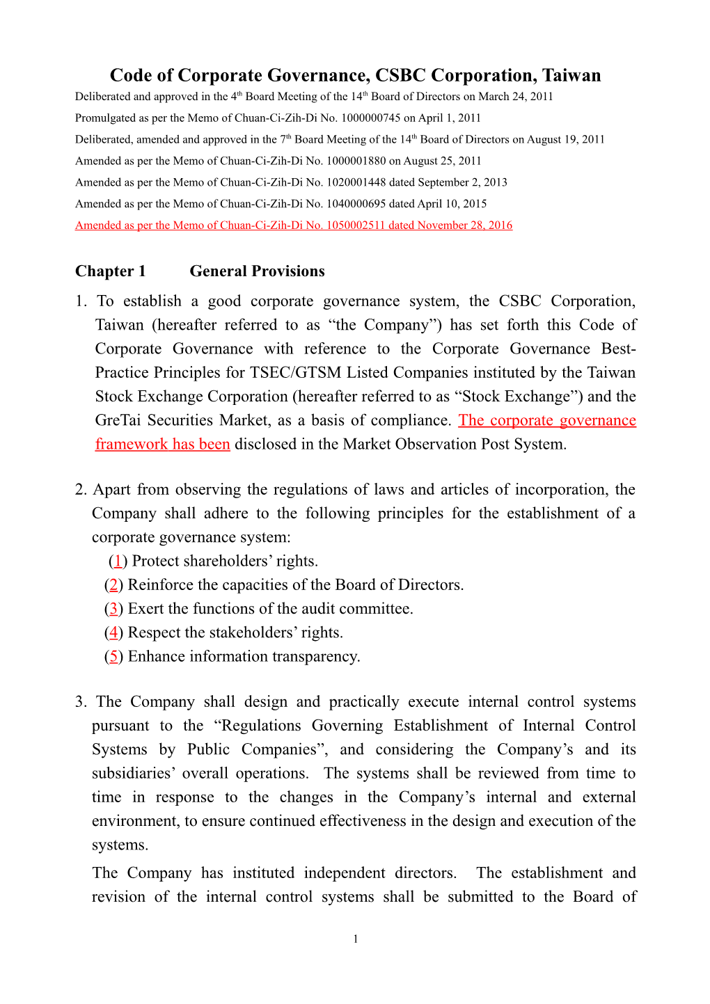 Code of Corporate Governance, CSBC Corporation, Taiwan