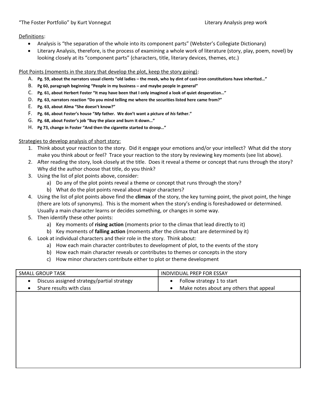 The Foster Portfolio by Kurt Vonnegutliterary Analysis Prep Work